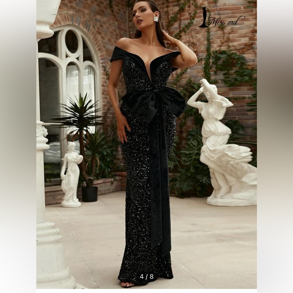 Black Sequin Formal off Shoulder Maxi Dress